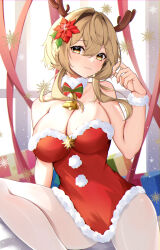 Rule 34 | 1girl, alternate costume, antlers, bare arms, bare shoulders, bell, blonde hair, breasts, brown hairband, christmas, cleavage, closed mouth, commentary, dress, fake antlers, flower, fur-trimmed dress, fur collar, fur trim, genshin impact, hair between eyes, hair flower, hair intakes, hair ornament, hairband, hand up, highres, horns, indoors, large breasts, leaf hair ornament, looking at viewer, lumine (genshin impact), neck bell, pantyhose, pom pom (clothes), red dress, red flower, red ribbon, ribbon, santa costume, santa dress, scrunchie, see-through, see-through legwear, sidelocks, sitting, sleeveless, sleeveless dress, smile, snowflakes, solo, strapless, strapless dress, thighs, white pantyhose, white scrunchie, wrist scrunchie, yoshitoki (kisshin)