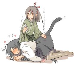 Rule 34 | 2girls, absurdres, animal ears, black hair, black skirt, blush, brown hair, cat ears, cat tail, closed eyes, commentary request, green eyes, hachimaki, hand on own ass, headband, headpat, heart, highres, hinata hibari, kantai collection, kemonomimi mode, long sleeves, multiple girls, open mouth, scratching ass, shouhou (kancolle), skirt, sweat, tail, thighhighs, translation request, white background, wide sleeves, yuri, zuihou (kancolle)