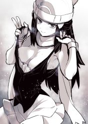 Rule 34 | 1girl, bare arms, bare shoulders, beanie, blush, breasts, closed mouth, creatures (company), dawn (pokemon), double v, eyelashes, game freak, greyscale, hair ornament, hairclip, hat, heavy breathing, highres, long hair, looking at viewer, medium breasts, monochrome, nintendo, pokemon, pokemon dppt, scarf, simple background, skirt, sleeveless, smile, solo, sweat, takatsuki ichi, upper body, v