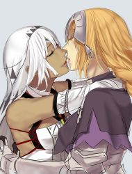 Rule 34 | 2girls, altera (fate), armor, armored dress, hug, arms around neck, bare shoulders, black nails, blonde hair, blush, breasts, choker, dark-skinned female, dark skin, detached sleeves, eyelashes, closed eyes, fate/grand order, fate (series), fingernails, gauntlets, headdress, headpiece, i-pan, jeanne d&#039;arc (fate), jeanne d&#039;arc (ruler) (fate), kiss, large breasts, long hair, multiple girls, nail polish, parted lips, short hair, simple background, small breasts, standing, tan, veil, white hair, yuri