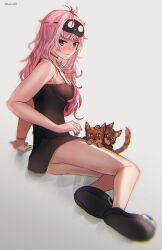 Rule 34 | 1girl, absurdres, advarcher, black footwear, black nightgown, blush, breasts, brown cat, cat, closed mouth, commentary request, full body, grey background, highres, hololive, hololive english, long hair, looking at viewer, medium breasts, messy hair, mori calliope, mori calliope (sleepwear), nightgown, no pants, official alternate costume, pink hair, red eyes, simple background, sitting, sleep mask, sleepwear, slippers, tutu (mori calliope), virtual youtuber, yokozuwari