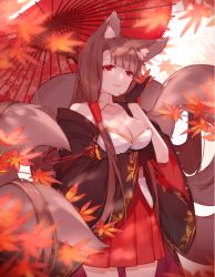 Rule 34 | 1girl, absurdres, akagi (azur lane), animal ears, autumn leaves, azur lane, bad id, bad pixiv id, bare shoulders, black gloves, blurry, breasts, brown hair, cleavage, commentary request, depth of field, eyeshadow, fox ears, fox tail, gloves, hair tubes, highres, large breasts, long hair, looking at viewer, makeup, miyuki (miyuki0529), multiple tails, oil-paper umbrella, parted lips, pleated skirt, red eyes, skirt, smile, solo, standing, tail, umbrella