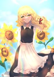 Rule 34 | 1girl, apron, arms behind back, black dress, blonde hair, blush, bow, braid, breasts, cloud, commentary request, crossed bangs, day, dress, eyebrows hidden by hair, feet out of frame, flower, grin, hair between eyes, hair bow, hair ribbon, highres, kirisame marisa, lens flare, long hair, long sleeves, looking at viewer, majime joe, medium breasts, no headwear, outdoors, petticoat, red bow, ribbon, side braid, single braid, sky, smile, solo, standing, sunflower, touhou, tress ribbon, waist apron, white apron, wind, wing collar, yellow eyes, yellow flower