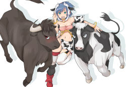 Rule 34 | 1girl, animal, animal ears, blue eyes, blue hair, breasts, bull, cleavage, cow, cow girl, horns, large breasts, matching hair/eyes, original, solo, tail, tarayama, thighhighs