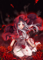Rule 34 | 1girl, blood, bloody tears, elysion, flower, highres, hood, kingchenxi, lafrenze, long hair, parted lips, partially submerged, red eyes, solo, sound horizon, spider lily, wet, wet clothes, white hair
