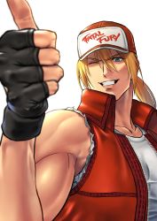 Rule 34 | 1boy, absurdres, baseball cap, beniazumaru, blonde hair, blouse, blue eyes, fingerless gloves, gloves, hair between eyes, hat, highres, jacket, long hair, looking at viewer, male focus, muscular, ponytail, red hat, shirt, simple background, smile, snk, solo, terry bogard, the king of fighters, vest, white background, white shirt