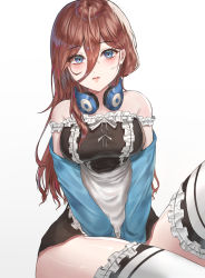 Rule 34 | 1girl, alternate costume, arms between legs, bare shoulders, blue cardigan, blue eyes, blush, breasts, brown hair, cardigan, dress, enmaided, frilled thighhighs, frills, go-toubun no hanayome, hair between eyes, headphones, headphones around neck, highres, large breasts, long hair, looking at viewer, maid, medium breasts, nakano miku, off shoulder, open mouth, sitting, solo, tangerine honey, thighhighs, thighs
