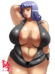 Rule 34 | 1girl, areola slip, arm up, armpits, artist name, belly, blush, breasts, doomcomic, fat, female pubic hair, hip focus, huge breasts, large areolae, looking at viewer, plump, pubic hair, purple hair, red eyes, simple background, solo, standing, white background, wide hips