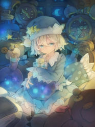 Rule 34 | 1girl, :/, adachi jun, alarm clock, bed, black hat, blonde hair, blue eyes, blue hat, blue shirt, blue skirt, book, clock, closed mouth, collarbone, crescent, expressionless, flask, full body, hair between eyes, hat, head tilt, looking at viewer, on bed, original, pillow, round-bottom flask, shirt, short hair, sitting, skirt, sleeves past wrists, solo, star (symbol), stuffed animal, stuffed toy, teddy bear, top hat