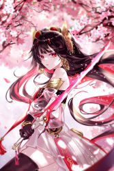 Rule 34 | 1girl, accessories, bare shoulders, black gloves, black hair, blurry, blurry background, bracelet, breasts, cherry blossoms, choker, detached sleeves, dress, earrings, elbow gloves, gloves, hair ornament, highres, holding, holding sword, holding weapon, jewelry, long hair, looking at viewer, lucia: plume (eventide glow) (punishing: gray raven), lucia (punishing: gray raven), mole, mole under eye, multicolored clothes, multicolored dress, multicolored hair, open mouth, petals, punishing: gray raven, red eyes, red hair, small breasts, solo, sunlight, sword, thighhighs, thighs, vardan, very long hair, weapon, white dress