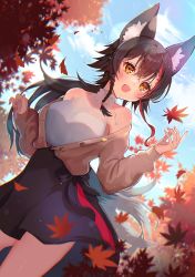 Rule 34 | absurdres, animal ears, autumn leaves, bare shoulders, black skirt, blue sky, blush, braid, hair between eyes, highres, hololive, jacket, leaf, low ponytail, maple leaf, off shoulder, ookami mio, ookami mio (street), open mouth, outdoors, red hair, rei toba, side braid, side ponytail, skirt, sky, smile, tail, virtual youtuber, white hair, wolf ears, wolf girl, wolf tail, yellow eyes