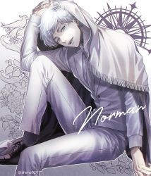 Rule 34 | 1boy, bird, blue eyes, character name, cloak, commentary request, floral background, formal, grey socks, jacket, looking at viewer, male focus, mashima shima, neck tattoo, norman (yakusoku no neverland), number tattoo, open mouth, outline, pants, shoes, short hair, sitting, smile, socks, solo, suit, tattoo, teeth, twitter username, upper teeth only, white cloak, white hair, white jacket, white outline, white pants, white suit, yakusoku no neverland