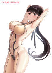 Rule 34 | 1girl, arms behind head, artist name, black hair, blunt bangs, bodysuit, breasts, brown bodysuit, brown eyes, commentary, covered erect nipples, english commentary, eve (stellar blade), impossible bodysuit, impossible clothes, large breasts, long hair, looking at viewer, ponytail, sebu illust, skin suit (stellar blade), skin tight, stellar blade, very long hair, white background