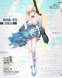 Rule 34 | 1girl, bare shoulders, bison cangshu, blue dress, breasts, character name, cleavage, cleavage cutout, clothing cutout, collar, collarbone, copyright name, dress, earrings, english text, full body, garter straps, girls&#039; frontline, gun, hair between eyes, head tilt, high heels, highres, holding, holding weapon, jewelry, logo, long sleeves, looking at viewer, low bore axis shotgun, medium breasts, official alternate costume, official art, pump action, red eyes, rmb-93, rmb-93 (cross the milky way) (girls&#039; frontline), rmb-93 (girls&#039; frontline), shield module, short hair, shotgun, silver hair, simple background, smile, snowflakes, solo, standing, strapless, strapless dress, thighhighs, weapon, white thighhighs, zettai ryouiki
