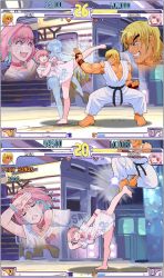 Rule 34 | 1boy, 1girl, afterimage, ahoge, arm over head, belt, belt collar, black belt, blonde hair, blue wristband, bottomless, bracelet, breasts, capcom, choker, collar, colored inner hair, commentary, crossover, crying, dougi, earrings, english commentary, english text, esports, evo moment #37, fang, fingerless gloves, gameplay mechanics, giganticbuddha, gloves, hair intakes, heart-shaped lock, heart collar, heart on chest, high kick, highres, idolmaster, idolmaster cinderella girls, jacket, jewelry, jumping, ken masters, kicking, large breasts, multicolored hair, muscular, muscular male, open mouth, oversized clothes, oversized shirt, pants, parrying, pill earrings, pink choker, pink collar, pink eyes, pink hair, pink wristband, scowl, shirt, short hair, short sleeves, skeleton print, smile, street fighter, street fighter iii (series), subway station, sweat, sweatdrop, t-shirt, tareme, torn clothes, torn sleeves, two-tone hair, user interface, white jacket, white pants, white shirt, yumemi riamu