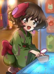 Rule 34 | 10s, 1girl, :d, akiyama yukari, anglerfish, bad id, bad twitter id, blurry, blurry background, bowl, camouflage, commentary request, depth of field, diffraction spikes, emblem, fish, girls und panzer, goldfish, goldfish scooping, green kimono, holding, japanese clothes, kanau, kimono, long sleeves, looking at viewer, mask, obi, open mouth, poi (goldfish scoop), sandals, sash, short hair, smile, solo, squatting, summer festival, wide sleeves, yukata