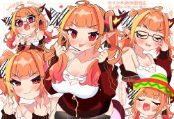 Rule 34 | 1girl, :o, ?, ahoge, alternate costume, alternate hairstyle, bare shoulders, black thighhighs, blonde hair, blush, bow, breasts, brown-framed eyewear, candy, cleavage, closed mouth, collarbone, commentary, commentary request, diagonal-striped bow, dragon girl, dragon horns, dragon tail, emblem, english commentary, english text, fang, food, glasses, hair intakes, hat, highres, hololive, horn bow, horn ornament, horn ribbon, horns, jewelry, kiryu coco, kiryu coco (loungewear), ladle, large breasts, light censor, lollipop, long hair, long sleeves, looking at viewer, middle finger, multicolored eyes, multicolored hair, multiple views, necklace, official alternate costume, open mouth, orange hair, pointy ears, profanity, purple eyes, red eyes, ribbon, sakuramochi (sakura frappe), sidelocks, simple background, slit pupils, smile, smug, sombrero, spaghetti strap, standing, steam, strap slip, streaked hair, tail, thighhighs, thighs, track suit, translation request, twintails, unzipped, upper body, virtual youtuber, water, white background