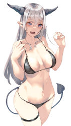 Rule 34 | 1girl, alexi oekaki, bikini, black bikini, blue eyes, blush, breasts, cleavage, collarbone, demon girl, demon horns, demon tail, grey hair, grey horns, hands up, highres, horns, large breasts, long hair, navel, open mouth, original, pointy ears, simple background, solo, swimsuit, tail, thigh strap, thighs, white background
