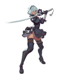 Rule 34 | 1girl, black dress, black footwear, black gloves, black hairband, black thighhighs, blue eyes, boots, breasts, closed mouth, dress, elbow gloves, feather trim, fl (l-fl), full body, gloves, hairband, high heel boots, high heels, highres, holding, holding sword, holding weapon, juliet sleeves, katana, lace dress, leotard, leotard under clothes, long sleeves, looking at viewer, medium breasts, medium hair, mole, mole under mouth, multicolored clothes, multicolored gloves, nier:automata, nier (series), puffy sleeves, see-through, see-through legwear, side slit, simple background, skindentation, sleeves past elbows, solo, swept bangs, sword, thigh boots, thighhighs, thighhighs under boots, two-handed sword, v-shaped eyebrows, weapon, white background, white gloves, white hair, white leotard, 2b (nier:automata)