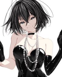 Rule 34 | &gt;:), 1girl, bare shoulders, black choker, black eyes, black gloves, black hair, breasts, choker, gloves, highres, jewelry, looking at viewer, medium breasts, misteor, necklace, original, short hair, smile, solo, v-shaped eyebrows, white background