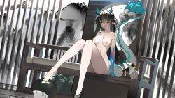Rule 34 | 1girl, arknights, arm up, bar censor, black hair, blush, breasts, censored, censored nipples, colored skin, da (datako), dragon girl, dragon horns, dragon tail, dusk (arknights), dusk (everything is a miracle) (arknights), dutch angle, earrings, female focus, full body, green skin, highres, horns, ink, jewelry, medium breasts, mosaic censoring, multicolored hair, nipples, nude, paid reward available, pointy ears, pussy, red eyes, sitting, solo, streaked hair, tail, tail ornament, tail raised, tail ring, tassel, tassel earrings