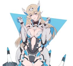 Rule 34 | 1girl, android, blonde hair, blue eyes, breasts, cowboy shot, di allez series, hair between eyes, hairband, headgear, highres, long hair, medium breasts, navel, parted lips, patatatan, phantasy star, phantasy star online 2, phantasy star online 2 new genesis, photo-referenced, simple background, smile, solo, very long hair