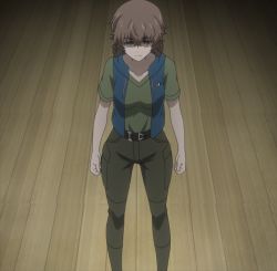Rule 34 | 1girl, amane suzuha, braid, breasts, brown hair, highres, indoors, long hair, pants, screencap, solo, steins;gate, steins;gate 0, stitched, third-party edit, twin braids, vest, yellow eyes