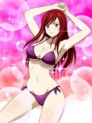Rule 34 | 1girl, armpits, arms up, bikini, breasts, brown eyes, bubble background, cleavage, cowboy shot, erza scarlet, fairy tail, groin, highres, large breasts, long hair, looking at viewer, navel, purple bikini, red hair, smile, solo, sparkle background, string bikini, swimsuit, thighs, underboob