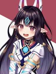 Rule 34 | 1girl, :d, aohoshi non, bandaged arm, bandages, black hair, breasts, brown background, commentary request, hair intakes, headgear, highres, kasandra (xenoblade), long hair, looking at viewer, medium breasts, open mouth, pointy ears, red eyes, short sleeves, smile, solo, two-tone background, upper body, very long hair, white background, xenoblade chronicles (series), xenoblade chronicles 2