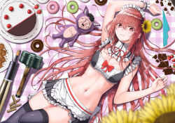 Rule 34 | 1girl, absurdres, adolf hitler, animal ears, apron, arm up, bikini, black skirt, black thighhighs, bow, breasts, cake, candy, cartridge, cat boy, cat ears, cherry, chocolate, chocolate chip cookie, chocolate heart, collar, cookie, detached collar, doughnut, explosive, facial hair, flower, food, frilled bikini, frilled collar, frills, fruit, grenade, hair between eyes, hair flower, hair ornament, heart, highres, ki-16, knee up, knife, long hair, lying, maid, maid apron, maid bikini, maid headdress, mustache, navel, neck ribbon, nipples, on back, original, parted lips, plate, purple fur, red bow, red eyes, red hair, red ribbon, ribbon, shell casing, skirt, small breasts, stielhandgranate, strawberry, sunflower, swimsuit, thighhighs, toothbrush mustache, unconventional maid, yellow flower