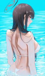 Rule 34 | 1girl, armpit crease, arms at sides, artist name, ass, back, bikini, black hair, blue archive, breasts, dimples of venus, eyelashes, from behind, halo, highres, large breasts, light blush, long hair, looking at viewer, median furrow, parted lips, partially submerged, profile, red eyes, rio (blue archive), ryudraw, shoulder blades, sideways glance, solo, string bikini, swimsuit, thong bikini, very long hair, water, white bikini