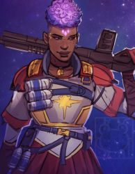Rule 34 | 1girl, apex legends, bangalore (apex legends), colored sclera, dark-skinned female, dark skin, g7 scout, gun, highres, holding, holding gun, holding weapon, jocsaii, looking at viewer, official alternate costume, over shoulder, purple eyes, purple hair, purple sclera, red skirt, rifle, short hair, skirt, smile, smoke grenade, solo, space, watermark, weapon, weapon over shoulder