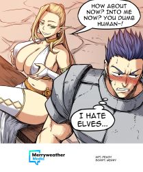 Rule 34 | 1boy, 1girl, annoyed, armor, blonde hair, blue eyes, blue hair, breasts, cleavage, crossed legs, detached sleeves, elf, english text, grabbing, grabbing own breast, green eyes, highres, huge breasts, merryweather, midriff, muscular, muscular male, naughty face, navel, on bench, original, peach88, pointy ears, short hair, sitting, smile, speech bubble, stone floor, teasing, teeth, thought bubble