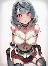 Rule 34 | 1girl, @ @, absurdres, belt, belt collar, black belt, black collar, black gloves, black hair, black thighhighs, blush, breasts, camisole, cleavage, collar, earrings, fingerless gloves, frilled camisole, frills, gloves, grey hair, highres, hololive, jewelry, large breasts, looking at viewer, miniskirt, multicolored hair, nail polish, open mouth, red eyes, red nails, red skirt, sakamata chloe, sakamata chloe (1st costume), skirt, solo, streaked hair, thighhighs, torn clothes, torn thighhighs, virtual youtuber, white camisole, yanagi no hito