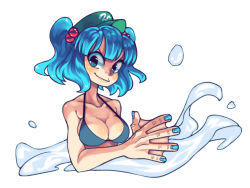Rule 34 | 1girl, bikini, blue eyes, blue hair, blue nails, collarbone, commentary request, hair bobbles, hair ornament, hat, highres, kawashiro nitori, matching hair/eyes, nail polish, nappooz, short hair, simple background, smile, solo, swimsuit, touhou, twintails, two side up, water, webbed hands, white background
