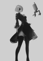 Rule 34 | 1girl, absurdres, android, boots, breasts, dress, feather-trimmed sleeves, gloves, hairband, highres, juliet sleeves, long sleeves, nier (series), nier:automata, puffy sleeves, short hair, sword, thigh boots, thighhighs, thighhighs under boots, turtleneck, weapon, 2b (nier:automata)