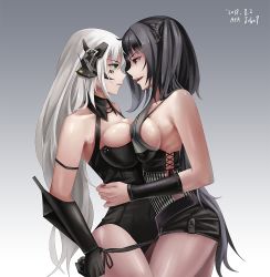 Rule 34 | 2girls, architect (girls&#039; frontline), ark john up, asymmetrical clothes, barcode, black hair, black legwear, black leotard, blunt bangs, blush, breast press, breasts, cleavage, cleavage cutout, clothing cutout, collarbone, couple, dated, facial mark, female focus, gager (girls&#039; frontline), girls&#039; frontline, gradient background, green eyes, grey background, headgear, headphones, hug, large breasts, leotard, long hair, looking at another, medium breasts, multiple girls, nail polish, naughty face, open mouth, pale skin, pink eyes, purple eyes, round teeth, sangvis ferri, side ponytail, sideboob, sidelocks, signature, simple background, smile, standing, symmetrical docking, teeth, thighhighs, very long hair, white background, white hair, yuri
