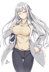 Rule 34 | 1girl, absurdres, ak-12 (girls&#039; frontline), alternate costume, bag, black pants, blunt bangs, braid, breasts, buttons, casual, chinese commentary, closed mouth, coat, commentary request, dated, earrings, french braid, girls&#039; frontline, grey ribbon, hair ribbon, half-closed eye, hand in pocket, highres, holding, holding bag, jewelry, large breasts, long hair, long sleeves, looking at viewer, necklace, one eye closed, open clothes, open coat, pants, pocket, purple eyes, ribbed sweater, ribbon, ring, shoulder bag, sidelocks, signature, silver hair, simple background, smile, solo, sweater, thigh gap, turtleneck, turtleneck sweater, very long hair, white background, white coat, zhishi ge fangzhang
