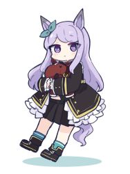 Rule 34 | 1girl, :o, animal ears, black footwear, black jacket, black skirt, blue socks, blush, boots, bow, chibi, commentary request, ear ribbon, frilled jacket, frills, green ribbon, highres, horse ears, horse girl, horse tail, hugging object, jacket, long sleeves, looking at viewer, mejiro mcqueen (umamusume), nozo (hitomiz), parted lips, pleated skirt, purple eyes, purple hair, ribbon, shadow, short eyebrows, skirt, sleeves past wrists, socks, solo, stuffed animal, stuffed horse, swept bangs, tail, thick eyebrows, umamusume, white background