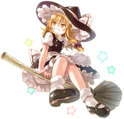Rule 34 | 1girl, apron, blonde hair, bloomers, bow, broom, broom riding, chaba (hortensia), female focus, full body, grin, hair bow, hat, hat bow, kirisame marisa, long hair, mary janes, puffy sleeves, shoes, short sleeves, sidesaddle, simple background, smile, solo, star (symbol), touhou, underwear, white background, witch hat
