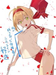 Rule 34 | 1girl, ahoge, arched back, blonde hair, blouse, blurry, braid, buruma, character name, clothes writing, cowboy shot, crop top, crop top overhang, depth of field, fate/grand order, fate (series), flag, french braid, from side, green eyes, gym uniform, hair between eyes, hair bun, hair intakes, hand on own hip, headband, midriff peek, nero claudius (fate), nero claudius (fate) (all), nero claudius (fate/extra), nero claudius (olympian bloomers) (fate), official alternate costume, open mouth, petals, shirt, simple background, single hair bun, solo, standing, translated, underwear, v-shaped eyebrows, white background, white shirt, ya 4004