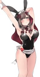 Rule 34 | 1girl, ahoge, alternate costume, animal ears, armpits, black capelet, black leotard, blush, braid, breasts, brown eyes, brown hair, capelet, closed mouth, commission, enmaided, fake animal ears, feet out of frame, groin, highres, hood, hooded capelet, kantai collection, large breasts, leotard, long hair, maid, maid headdress, rabbit ears, shinshuu maru (kancolle), simple background, skeb commission, solo, strapless, strapless leotard, toriniku senshi chikinman, twin braids, white background, wrist cuffs