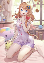 Rule 34 | 1girl, :d, ankle strap, atelier (series), atelier resleriana, bare arms, bare legs, bare shoulders, bed, bedroom, blonde hair, blue eyes, blurry, blurry background, blush, bow, braid, chemise, comiket 103, dress, finger to mouth, frilled dress, frills, hair between eyes, hair ornament, hairclip, indoors, jewelry, medium hair, no headwear, on bed, open mouth, promotional art, purple dress, purple skirt, red bow, resna sternenlicht, scrunchie, seiza, single braid, sitting, skirt, sleeveless, smile, solo, strap slip, stuffed animal, stuffed toy, umiu geso, wrist scrunchie