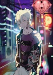 Rule 34 | 1boy, absurdres, aqua eyes, aqua hair, asymmetrical hair, black jacket, blurry, blurry background, cowboy shot, crescent, crescent earrings, dragon print, earrings, hair between eyes, hands in pockets, highres, jacket, jewelry, looking at viewer, male focus, medium hair, mikaze ai, mofmofqueue, night, off shoulder, official alternate costume, open clothes, open jacket, pants, parted lips, power lines, purple shirt, road, road sign, shirt, short ponytail, sign, single earring, smile, solo, street, striped clothes, striped shirt, tassel, tassel earrings, uta no prince-sama, uta no prince-sama: shining live, white pants, zipper