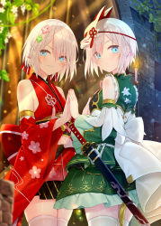 Rule 34 | 2girls, bare shoulders, blue eyes, blush, bow, braid, closed mouth, commentary request, copyright request, detached sleeves, flower, fox mask, green flower, green kimono, green sleeves, hair between eyes, hair flower, hair ornament, japanese clothes, kimono, long sleeves, looking at viewer, mask, mask on head, multiple girls, obi, official art, own hands together, palms together, parted lips, pink flower, red kimono, red sleeves, sash, short hair, silver hair, single braid, skindentation, sleeveless, sleeveless kimono, smile, thighhighs, white bow, white legwear, wide sleeves, yano mitsuki (nanairo)