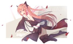 Rule 34 | 1girl, artist name, backless dress, backless outfit, black dress, black footwear, black thighhighs, blush, boots, bow, closed mouth, commentary request, detached sleeves, dress, full body, hair between eyes, hair ornament, krul tepes, light brown hair, long hair, long sleeves, motion blur, owari no seraph, petals, red bow, red eyes, shoe soles, shoulder blades, sleeveless, sleeveless dress, sleeves past fingers, sleeves past wrists, smile, solo, thigh boots, thighhighs, twintails, two side up, usagimiko, very long hair, wide sleeves
