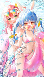 Rule 34 | 2girls, :d, absurdres, adjusting eyewear, ahoge, animal ear fluff, animal ears, bad id, bad pixiv id, bead bracelet, beads, bikini, blue hair, blush, bow, bracelet, braid, breasts, carrot hair ornament, commentary request, eyewear on head, food-themed hair ornament, green eyes, grin, hair between eyes, hair bow, hair ornament, halterneck, hand on another&#039;s hip, heart, heart-shaped eyewear, highres, hololive, inflatable toy, jewelry, long hair, looking at viewer, multicolored hair, multiple girls, navel, open mouth, pink bikini, rabbit-shaped pupils, rabbit ears, red eyes, red hair, sakura miko, short eyebrows, sitting, smile, stomach, sunglasses, swimsuit, syandega, symbol-shaped pupils, thick eyebrows, twin braids, twintails, two-tone hair, usada pekora, virtual youtuber, water, wet, white bow, white hair, wristband