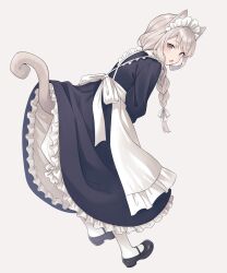 Rule 34 | 1girl, animal ears, apron, bent over, black dress, black footwear, bloomers, blush, bow, braid, cat ears, cat tail, clothes lift, dress, e (ejkfogksiu sjsial), female focus, frills, full body, grey background, grey hair, hair bow, highres, maid, maid apron, maid headdress, mary janes, open mouth, original, pantyhose, purple eyes, shoes, simple background, single braid, solo, tail, tail raised, turning head, underwear, white bow, white pantyhose