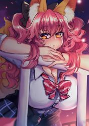 Rule 34 | 10s, 1girl, animal ear fluff, animal ears, bad id, bad pixiv id, blush, breasts, cleavage, clothes around waist, commentary, fate/extella, fate/extra, fate/grand order, fate (series), fox ears, fox tail, jacket, jacket around waist, large breasts, long hair, looking at viewer, official alternate costume, open mouth, osiimi, pink hair, school uniform, shirt, skirt, solo, tail, tamamo (fate), tamamo no mae (jk) (fate), twintails, unbuttoned, yellow eyes
