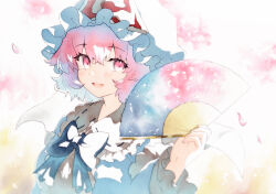 Rule 34 | 1girl, :d, blending, blue bow, blue bowtie, blue hat, blue kimono, bow, bowtie, falling petals, frilled shirt collar, frilled sleeves, frills, hand fan, hand up, hat, highres, holding, holding fan, japanese clothes, kimono, looking at viewer, mob cap, open mouth, petals, pink eyes, pink hair, qqqrinkappp, saigyouji yuyuko, short hair, smile, solo, touhou, traditional media, triangular headpiece, upper body